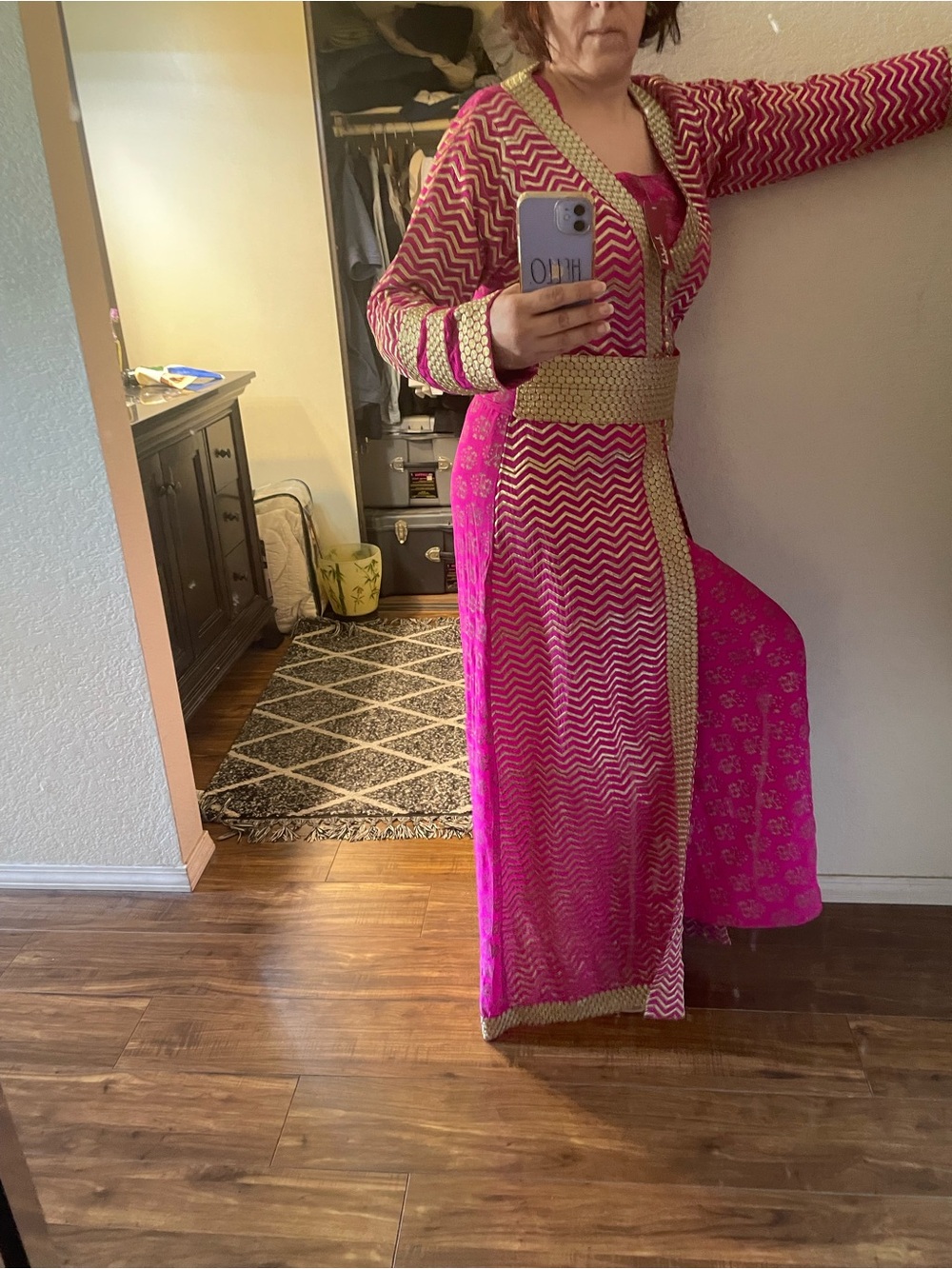 Women’s Pink Embellished Long kaftan inner dress with Gold Trim